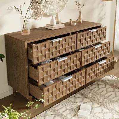 Obrázok produktu pre Komoda s rozmermi 120x37x77 cm, vyrobená z MDF s dekorom dreva, s 6 zásuvkami, vaflovou textúrou a kovovými úchytkami v štýle mid-century, vhodná do obývačky alebo predsiene