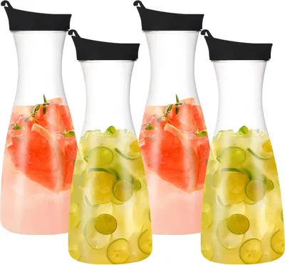 Produktbild von Plastik-Wasserkaraffen 1 Liter Saftkrug mit transparentem Deckel - Set von 4