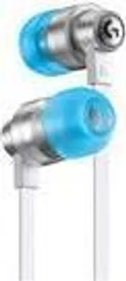 A close-up studio shot of two in-ear headphones with blue ear tips and silver casings.