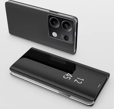 A black smartphone with a clear view flip case is shown from two angles against a light gray and white background.