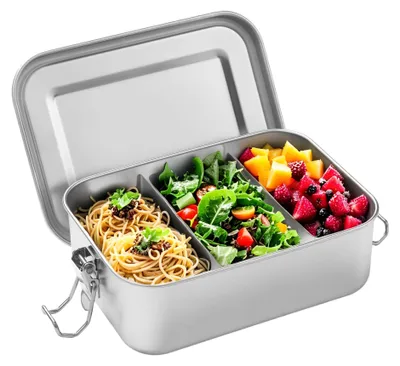 Produktbild von Lunchbox aus Edelstahl, 850 ml, auslaufsichere Lunchbox, Lunchbox aus Metall mit 2 Fächern, umweltfreundlich und BPA-frei, für Erwachsene und Kinder (850 ml)
