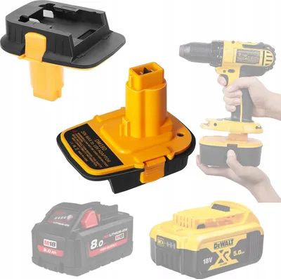 A collage of battery adapters and power tools.