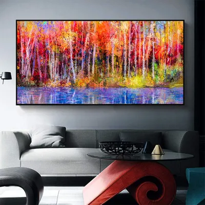 Produktbild von Abstrakte Leinwandmalerei mit Herbstlandschaft und Bäumen, 50x102 cm