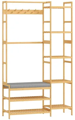 Image de Portemanteau avec étagère à chaussures, patères, porte-manteaux, banc avec coussin, pour couloir, entrée, bois naturel