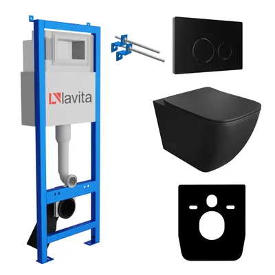 Produktbild von Lavita LAV 101 Vorwandelement für WC 40cm + Wand Hänge Tiefspül WC ONIL Schwarz Spülrandlos + Bedienplatte LAV 200.4.4 Schwarz | Komplettset | Unterputz Spülkasten | Toilette Komplett Sett