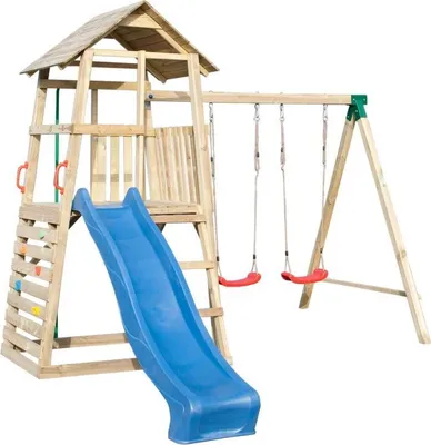 Produktbild von Spielturm mit Rutsche und Doppelschaukel, Kletterwand und Rutschstange