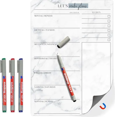 Produktbild von Magnetischer Menüplaner inkl. 4 Stift - Essensplaner abwischbar | Magnettafel Küche als Whiteboard magnetisch