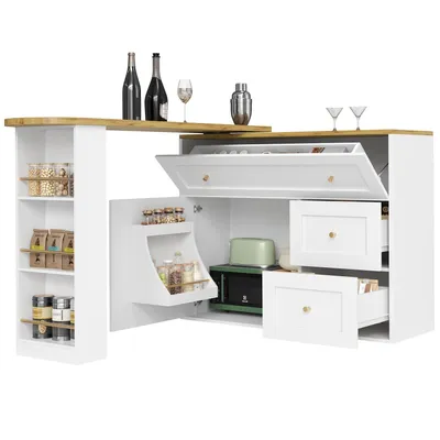 A white kitchen island with a wooden countertop, featuring open shelves, drawers, and appliances like a microwave and toaster.