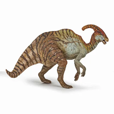 A detailed model of a Parasaurolophus dinosaur.