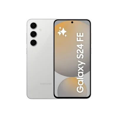 A white Samsung Galaxy S24 FE smartphone is shown from the back and front.