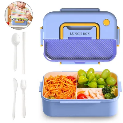Produktbild von 2-in-1 Lunchbox – 100% auslaufsicher – Doppellagig, inklusive 4-teiligem Besteck – mikrowellen- und spülmaschinenfest – für Erwachsene und Kinder
