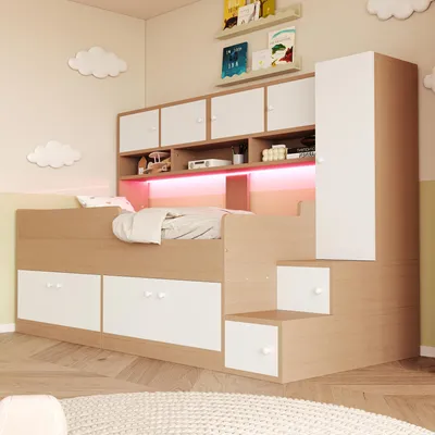Image de Lit bébé 90x200 cm avec espace de rangement, armoire, étagères et éclairage LED, barrière de sécurité et échelle de rangement, lit en bois multifonctionnel, finition naturelle