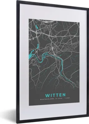 Produktbild von MuchoWow® Gerahmtes Poster Stadtplan - Deutschland - Blau - Witten - Karte 40x60 cm - Poster mit Schwarzem Bilderrahmen Wandposter Rahmen Foto Bilder - Poster in Rahmen