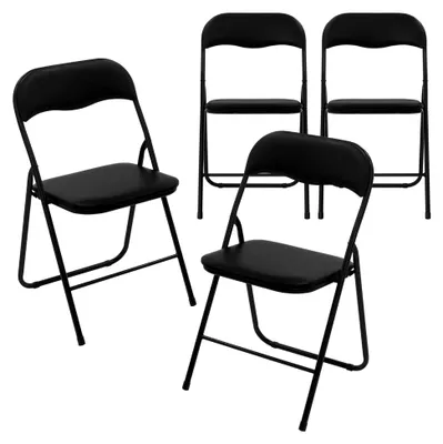 Produktbild von 4er Set Klappstuhl aus Kunstleder, Schwarz, gepolstert mit Metallrahmen, platzsparend, belastbar bis 110 kg, wetterfest, klappbar für Garten und Balkon
