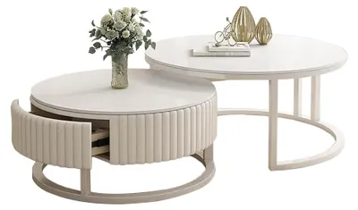 Produktbild von Rundes Couchtisch-Set 2er Set Weiß mit Metallrahmen, Beistelltisch für Wohnzimmer und Schlafzimmer