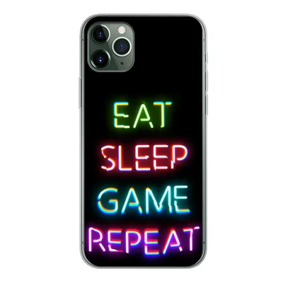 Produktbild von MuchoWow® Handyhülle Schutzhülle Hülle für iPhone 11 Pro Max Gaming - Led - Zitat - Eat sleep game repeat - Gaming Silikon Softcase Handy Hülle - Schutz