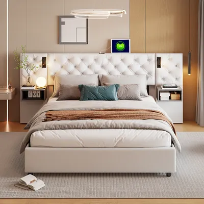 Obrázok produktu pre Čalúnená posteľ UnboxG 160x200 cm s USB a lampou na čítanie, posteľ s box spring a lamelovým roštom, manželská posteľ s úložným priestorom, funkčná posteľ s úložným priestorom, zamat, béžová