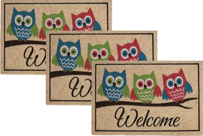 Produktbild von Betz 3er Kokosmatte aus 100% Kokos -Fußmatte - Fußabstreifer –Schmutzfangmatte Größe 45 cm x 75 cm x 1,5 cm Muster 3 Eulen Welcome
