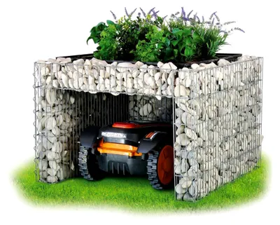 Produktbild von Gabionen Garage für Mähroboter aus Zink-Aluminium - Bepflanzbare Garage mit Pflanzschale, Silber - 75x75x53 cm