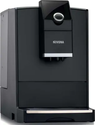 A black automatic coffee machine with silver accents, shown from the front.