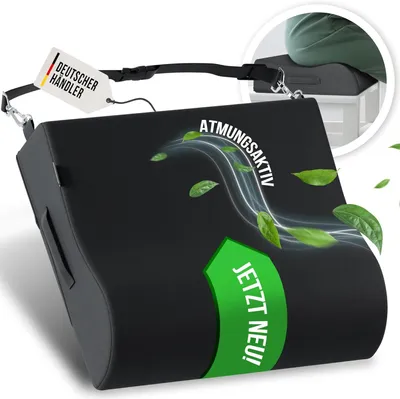 A black orthopedic seat cushion with green leaves and wavy lines suggesting airflow, and a green banner with text. A small inset image shows a person sitting on a similar cushion.