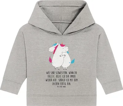 Produktbild von Mr. & Mrs. Panda Organic Baby Hoodie Einhörner Umarmen 24. - 36. Monat - Heather Grey - Geschenk, BFF, Liebe, Unicorn, Familie, Kapuzensweatshirt, Kapuzenshirt, Einhorn
