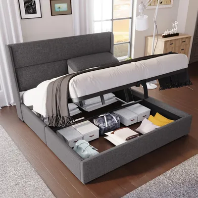 Image de MODFU Lit coffre 140 x 200 cm – Tissu gris, rangement facile sous le lit – Sans matelas – Gris