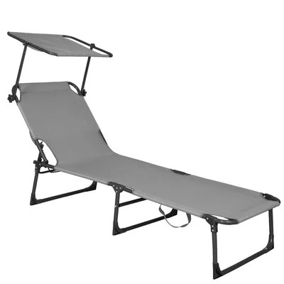 A gray foldable sun lounger with a canopy, shown against a white background.
