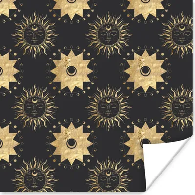 Produktbild von MuchoWow® Poster Muster - Sonne - Sterne - Gold 100x100 cm - Babyzimmer