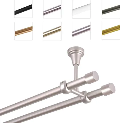 A collage of different colored curtain rods and a close-up of a double curtain rod system mounted on a ceiling.