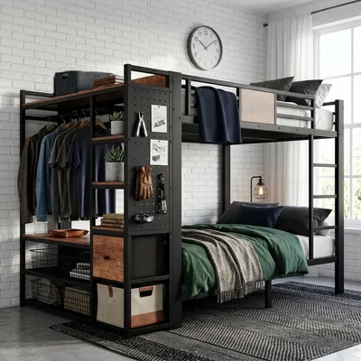 Image de Lit superposé avec deux couchages de 120 x 200 cm, espace de rangement et échelle, de couleur noire avec imitation bois
