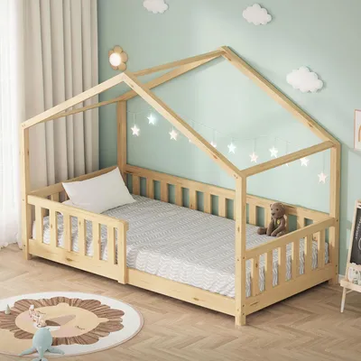 Obrázok produktu pre ML-Design detská posteľ domček posteľ 80x160 cm prírodná, drevená posteľ s ochranou proti vypadnutiu lamelový rám a strecha hracia posteľ z masívneho borovicového dreva pre deti poschodová posteľ