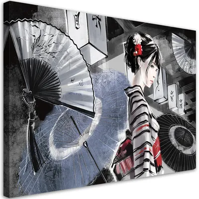 Produktbild von Leinwandbild geisha mit fächer 60x40 cm Feeby grau wandbild bereit zum aufhängen