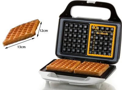 A waffle maker with waffles inside and a single waffle shown next to it with dimensions.