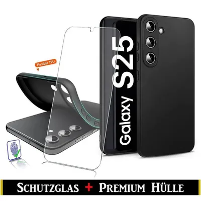 A black phone case and a screen protector are displayed next to a smartphone.