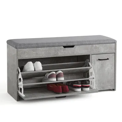 A shoe cabinet with a cushioned seat on top, shown from the front with its doors open to reveal shoes on shelves.