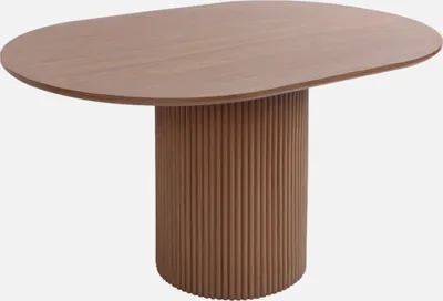 A brown oval coffee table with a fluted base.