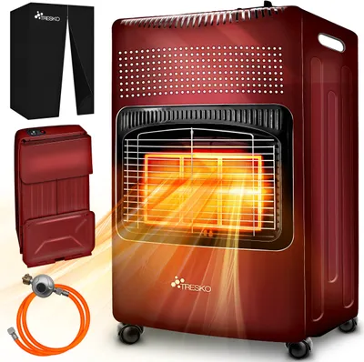 Produktbild von TRESKO® 4200 W plynový ohřívač červený včetně regulátoru tlaku plynu plynová hadice + kryt | plynový ohřívač plynový ohřívač keramický se 3 úrovněmi | infračervený plynový ohřívač sálavý ohřívač pro plynové lahve na butan nebo propan do 15 kg