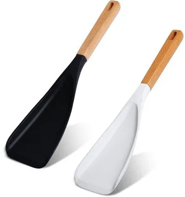 Image de Lot de 2 spatules en silicone, 31 x 7 cm, spatules flexibles et résistantes à la chaleur pour la cuisine, avec manche en bois, spatule et cuillère en silicone pour ustensiles de cuisine antiadhésifs (noir + blanc)