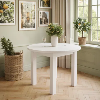 Produktbild von OLEA runder Esstisch, Weiß / Weiß - 100 cm (+ 40 cm)