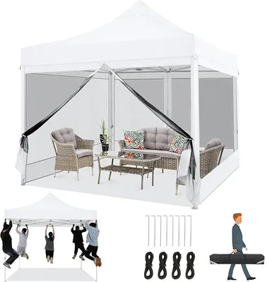 Immagine prodotto di Gazebo pieghevole 3x3, impermeabile e stabile, ideale per feste. Tenda pieghevole con 4 pareti laterali, zanzariera, struttura pop-up, protezione UV per giardino. Tessuto: Oxford 420D, colore bianco