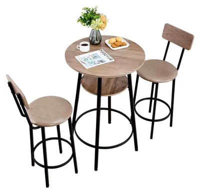 Produktbild von Bartisch-Set (3-teilig) mit 2 Barstühlen und abgerundeten Kanten, runder Stehtisch (600 x 915 mm), Bistrotisch in Hellgrau und Schwarz, geeignet für Büro, Minibar und Frühstücksecke