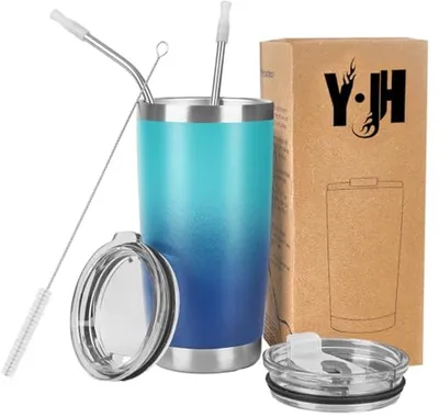 Reisbecher 550ml doppelwandig isolierte Kaffeetasse RVS mit spritzsicherem Deckel, 2 Strohhalme & Reinigungsbürste