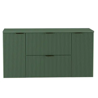 A green cabinet with ribbed doors and drawers.