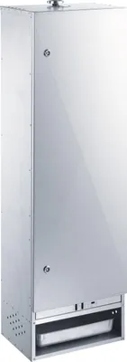 A tall, silver, metal smoking oven with a door slightly ajar, showing a tray inside.
