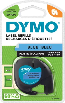 Produktbild von DYMO Original LetraTag Etikettenband | schwarz auf blau | 12 mm x 4 m | selbstklebendes Kunststoffetiketten | für LetraTag-Beschriftungsgerät