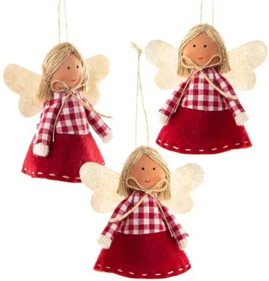 Produktbild von Unyqoos® 3er-Set Engelhänger, rot-weiß kariert – Stoff & Holz, ca. 8 cm – Festlicher Christbaumschmuck für Weihnachtsbaum & Geschenkdeko