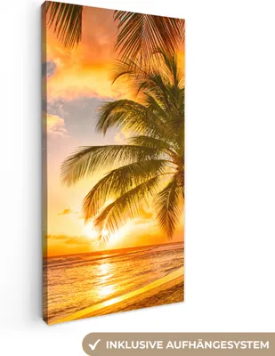 Produktbild von MuchoWow® - Leinwandbilder - Sonnenuntergang - Palme - Wolken - Meer - Strand, Wandbild, Wanddeko Bilder Wohnzimmer, 40x80 cm