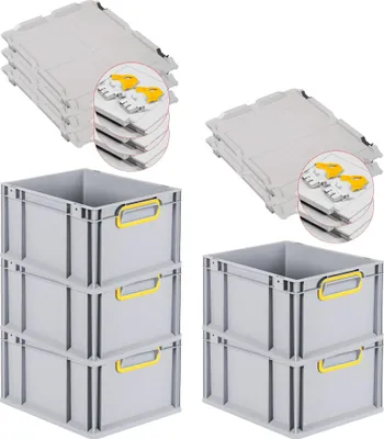 Produktbild von SuperSparSet 5x Eurobox NextGen Color mit Scharnierdeckel und Schiebeschnappverschlüssen | HxBxT 22x30x40cm | 20 Liter | Grau | Griffe gelb geschlossen | Glatter Boden | Eurobehälter, Transportbox, Transportbehälter, Stapelbehälter
