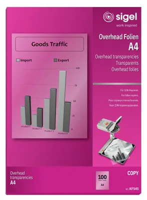 Produktbild von SIGEL KF545 Overhead-Folien für S/W-Kopierer, transparent, stapelverarbeitbar, beids. bedruckbar,100 µm, A4, 100 BL